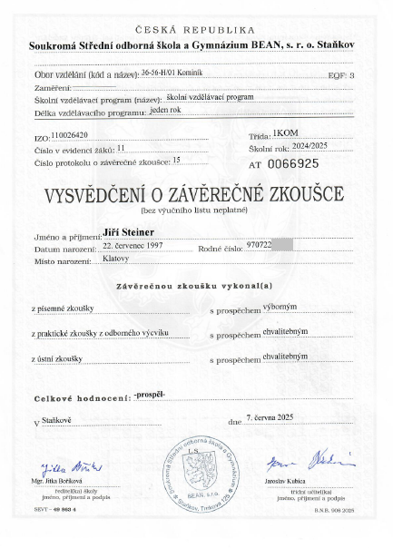 vysvědčení o závěrečné zkoušce