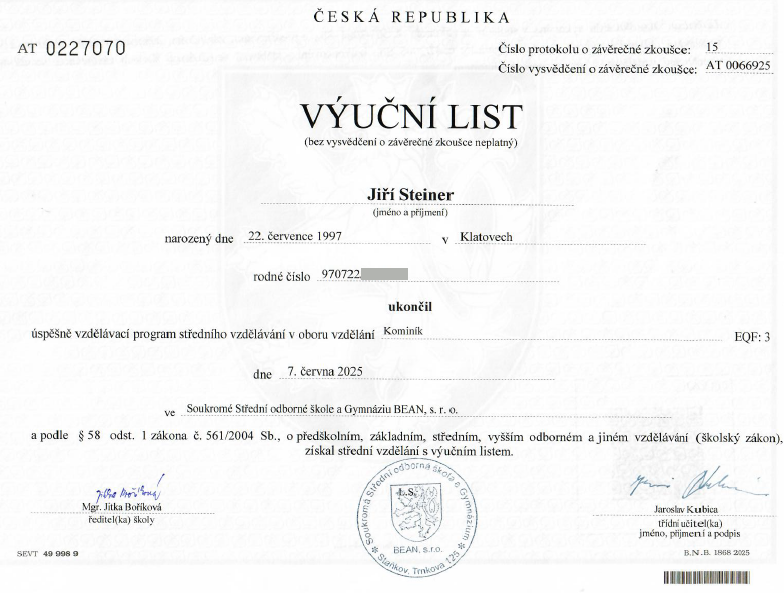 výuční list bez rČ